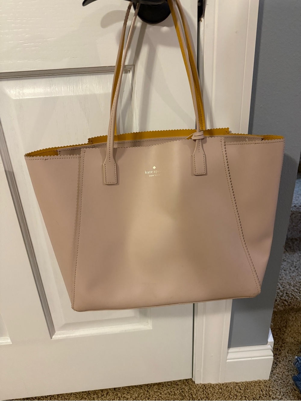 kate spade blush tote with yellow interior trim